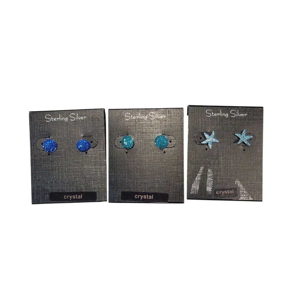 Lot Of 3 Sterling Silver Crystal Earrings Sparkly Blue Turquoise Starfish
